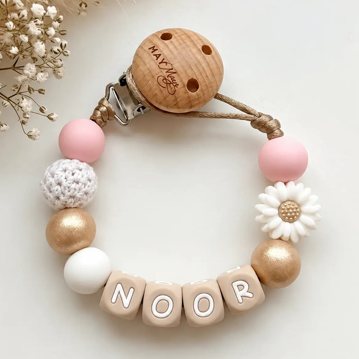 Pacifier clip with name, gold and pink flower