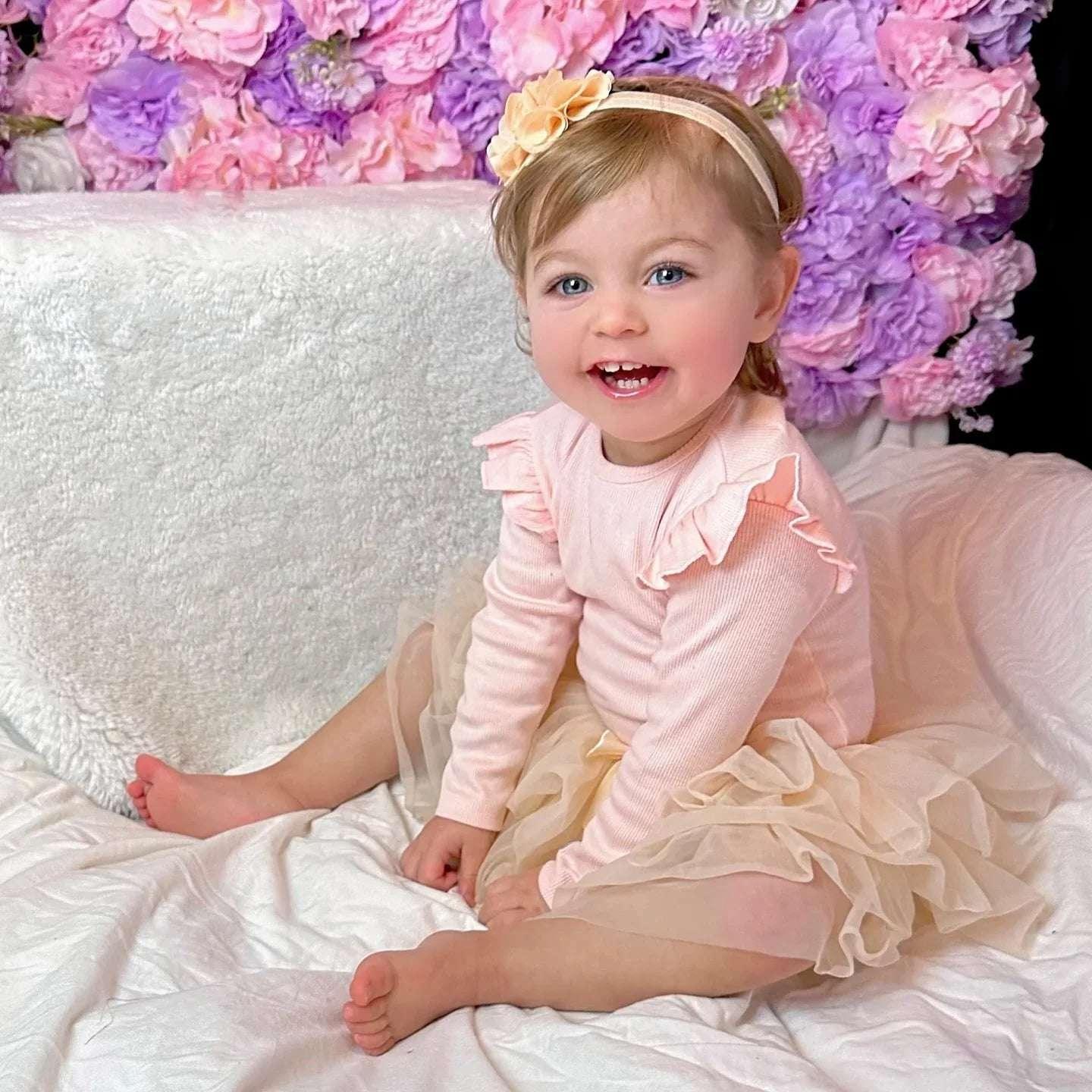 Nylon haarbandje bloemetjes parels beige - MiniDulce