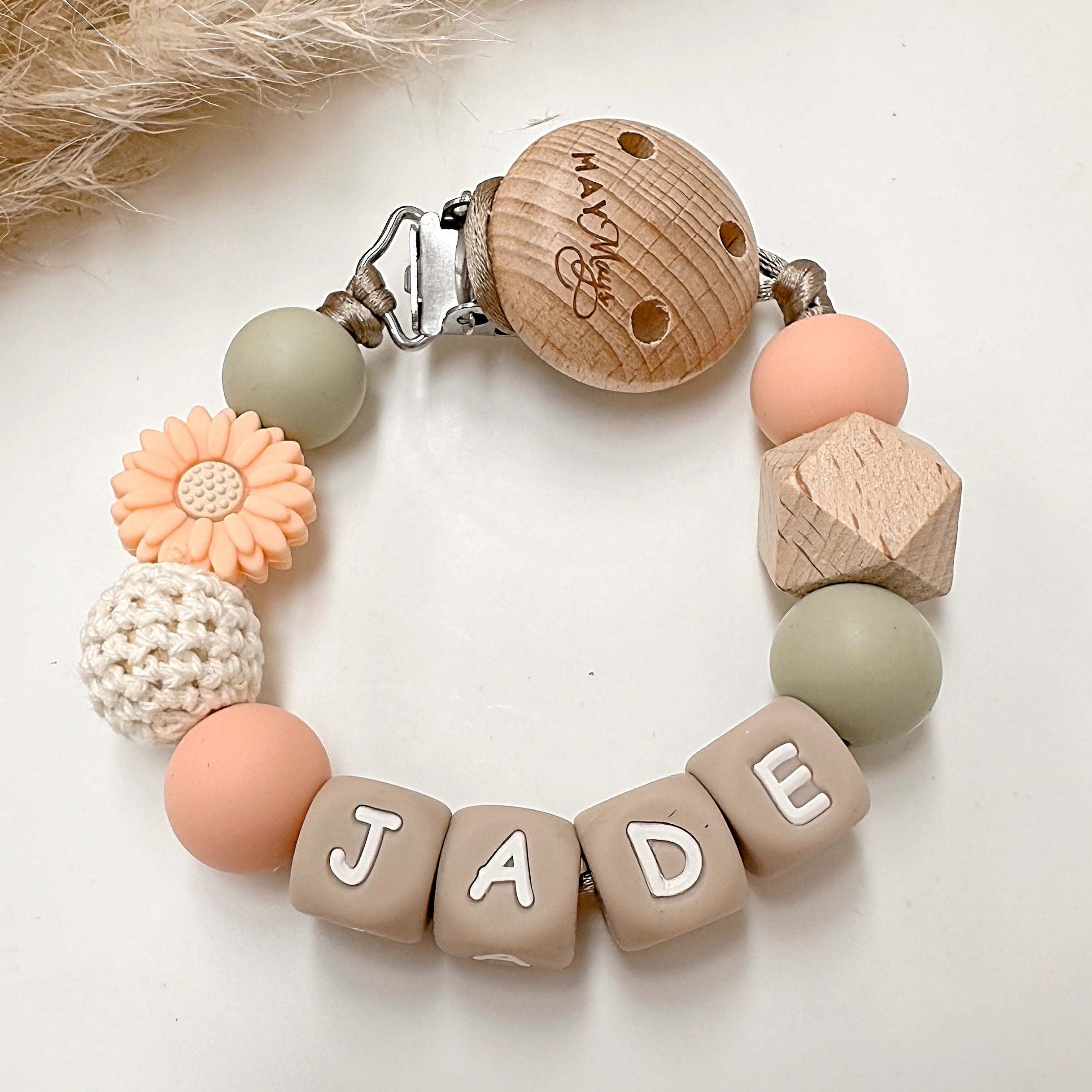 Speenkoord met naam | Bloem Peach Groen Speenkoorden met naam