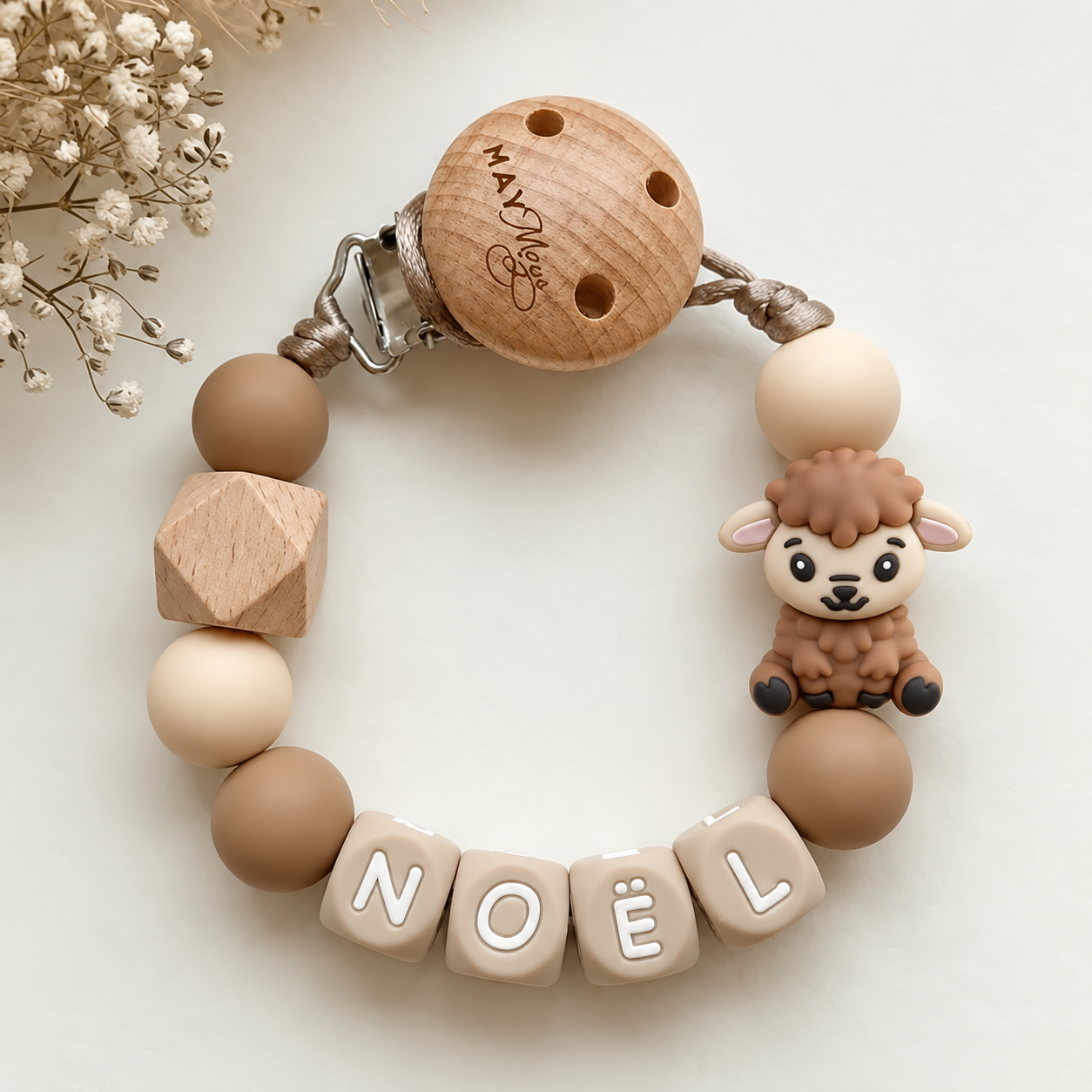 Pacifier clip with name bear natural