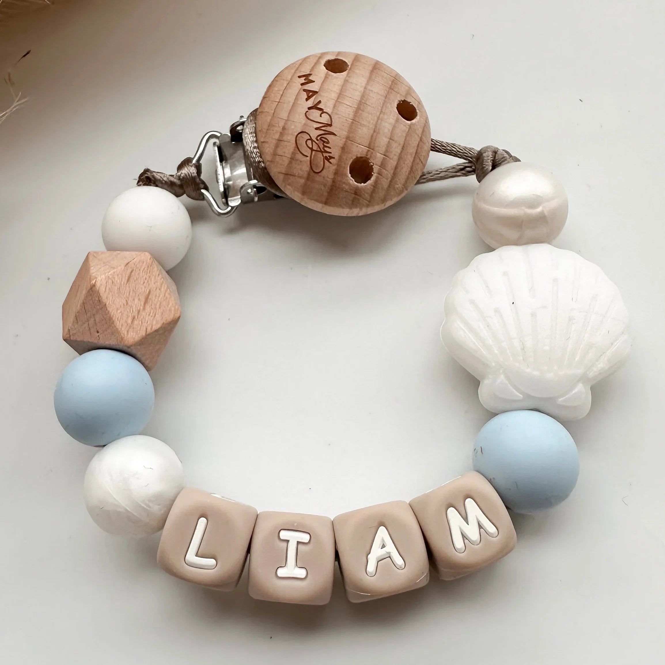 Speenkoord met naam schelp blauw