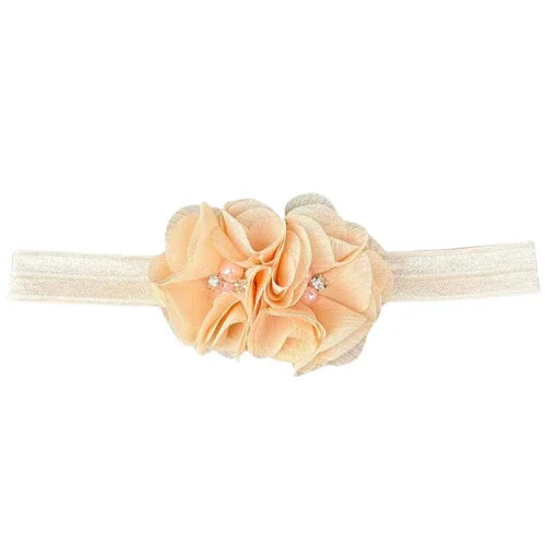 Nylon haarbandje bloemetjes parels beige - MiniDulce