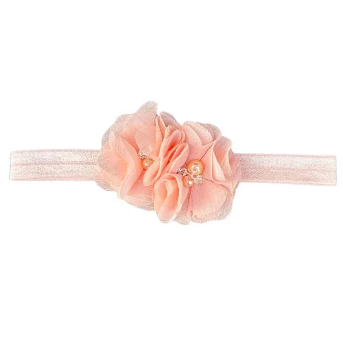 Nylon haarbandje bloemetjes parels roze - MiniDulce