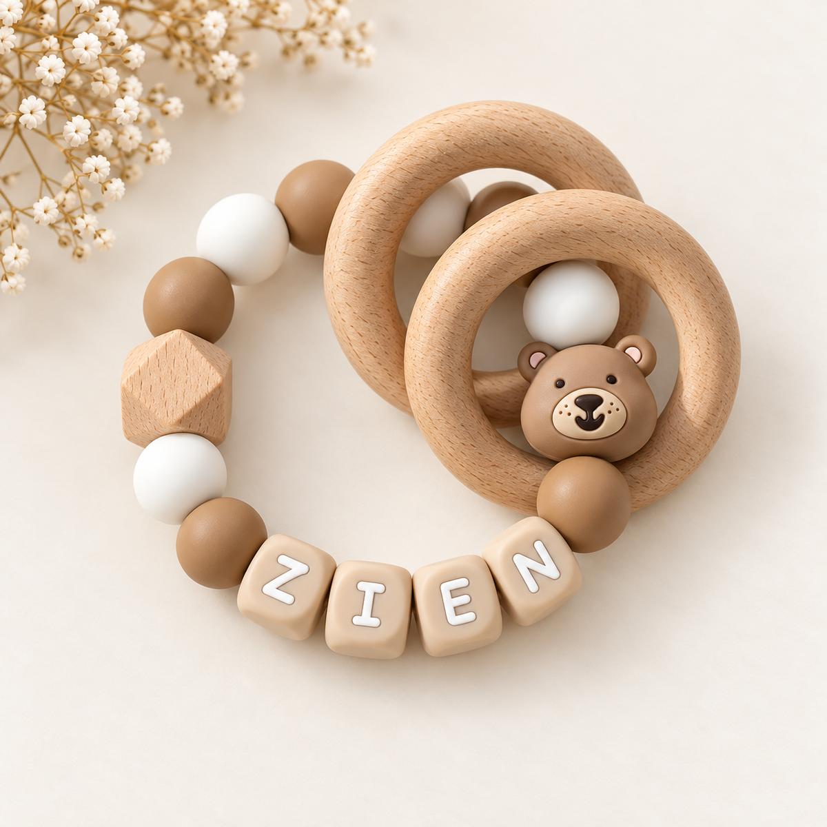 Teething ring with name bear brown white