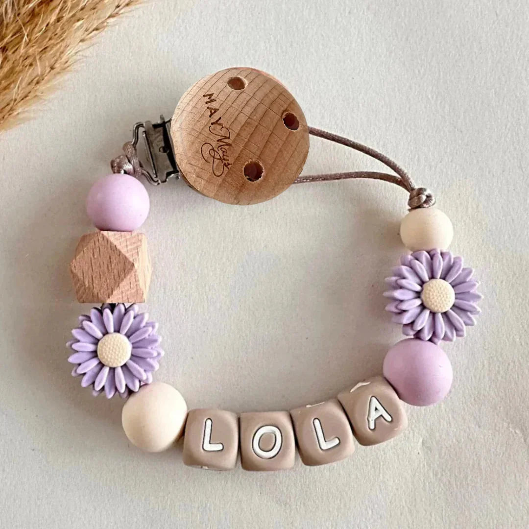 Schnullerkette mit Namen, Blume, lila