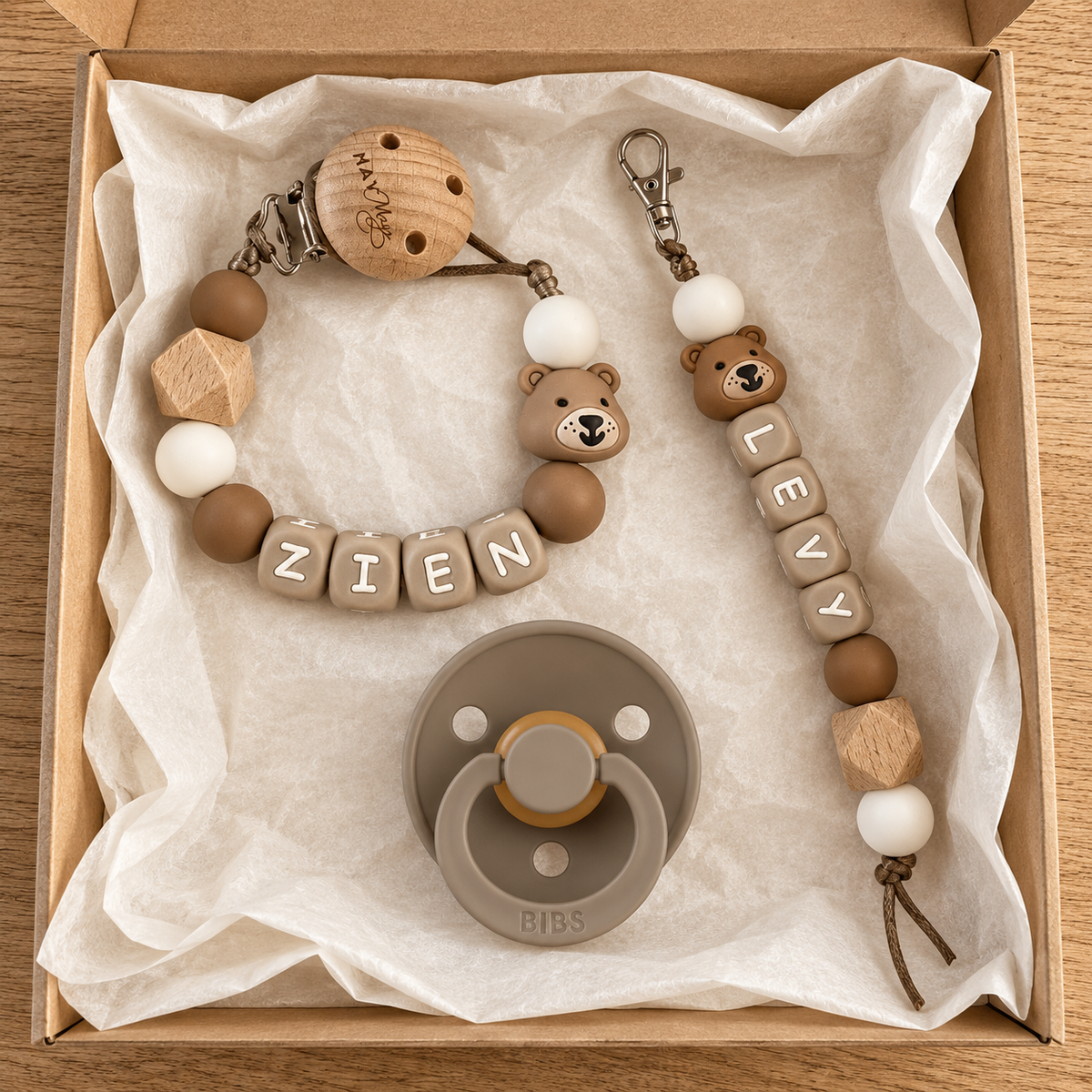 Newborn Cadeauset met Naam – Beer Bruin Wit - May Mays