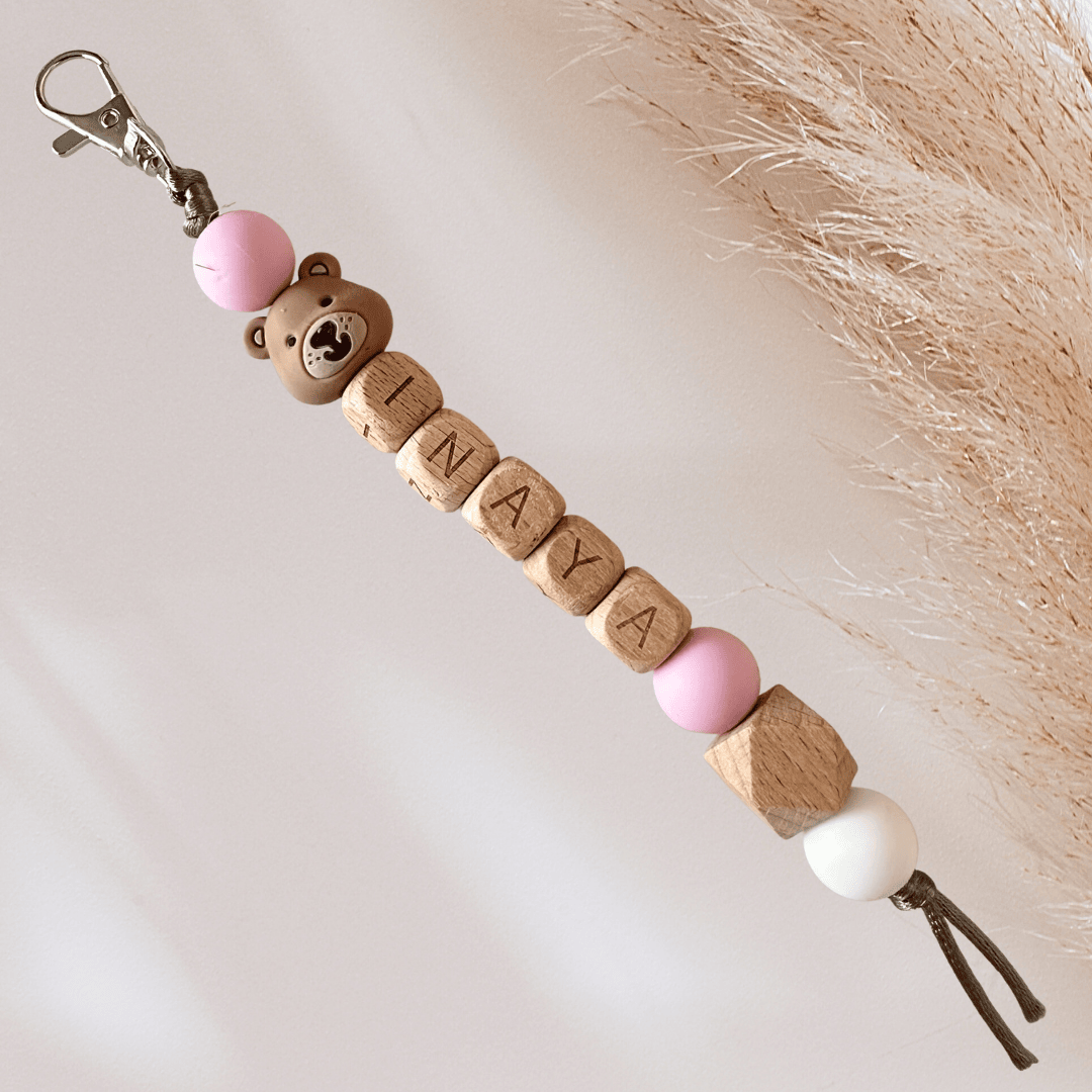 Sleutelhanger met naam beer roze
