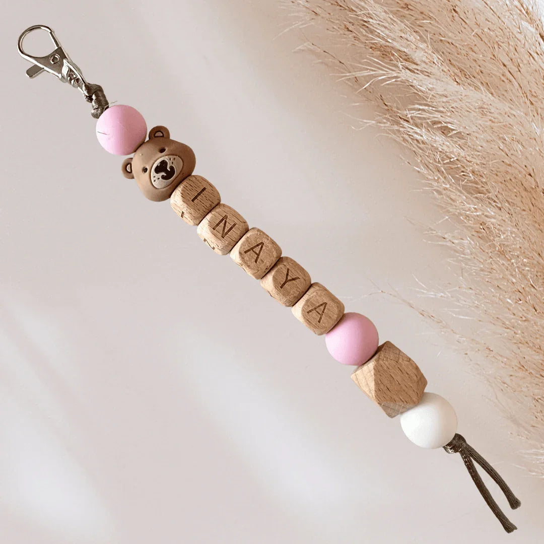 Sleutelhanger met naam beer roze