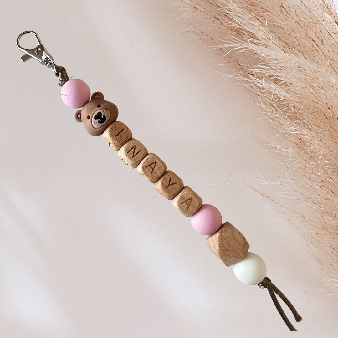 Sleutelhanger met naam beer roze