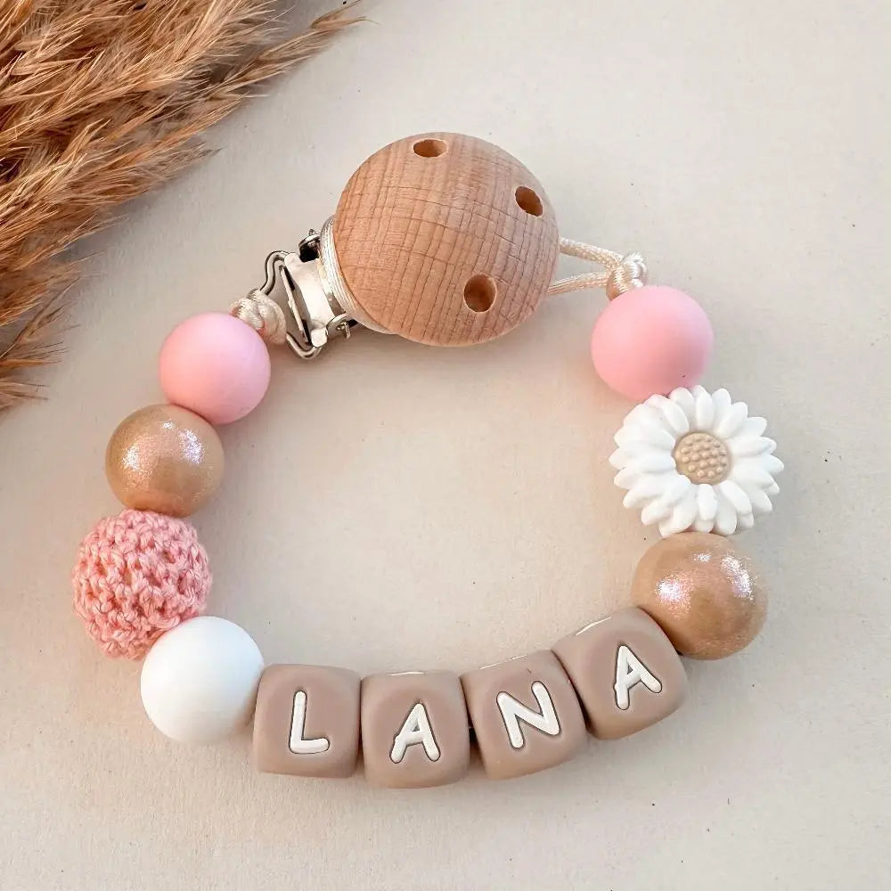 Speenkoord met naam – Goud Roze Bloem - MiniDulce