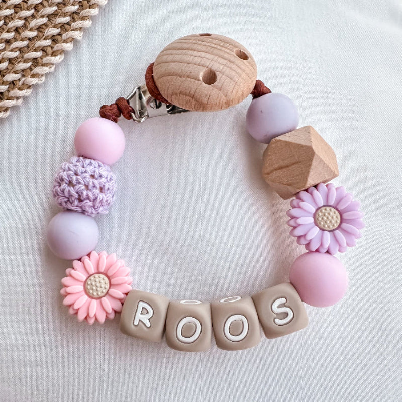 Speenkoord met naam | Bloemetjes Lila roze
