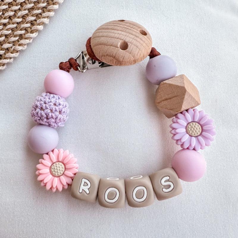 Speenkoord met naam | Bloemetjes Lila roze