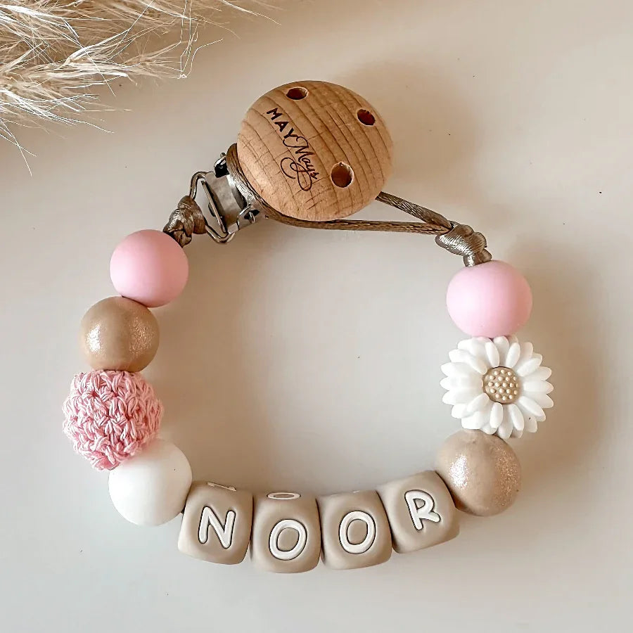 Speenkoord met naam | Goud Roze Bloem Speenkoorden met naam