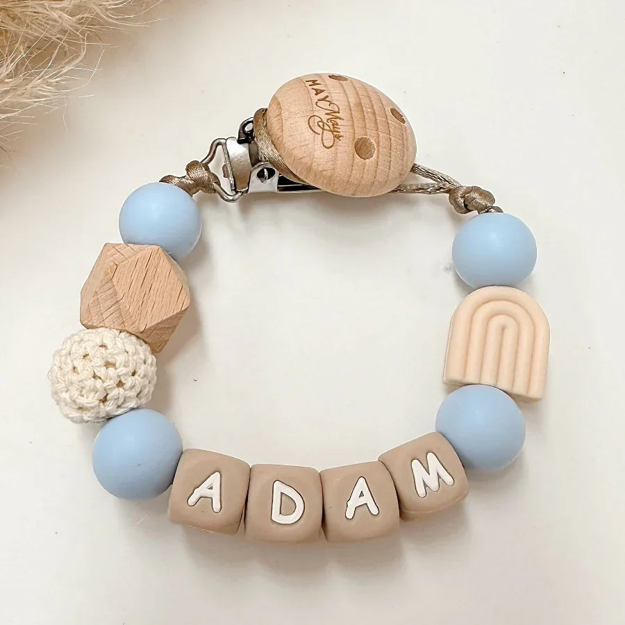 Speenkoord met naam | Regenboog beige blauw