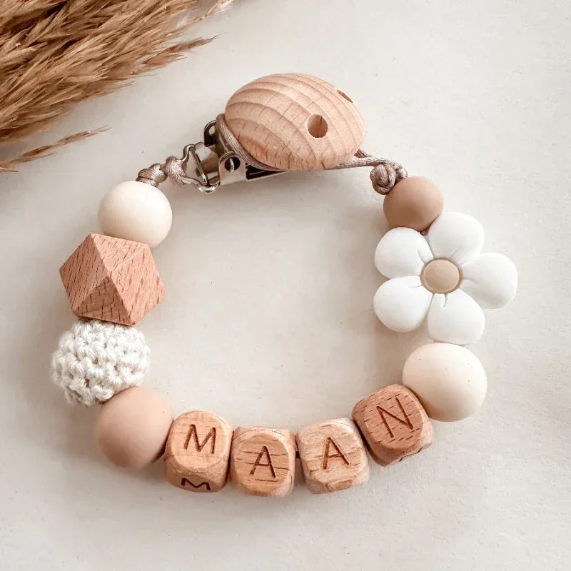 Speenkoord met naam | Wit Bloem hout