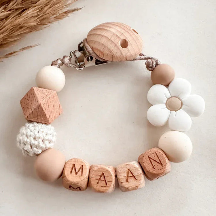 Speenkoord met naam | Wit Bloem hout