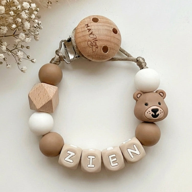 Speenkoord met naam beer bruin wit