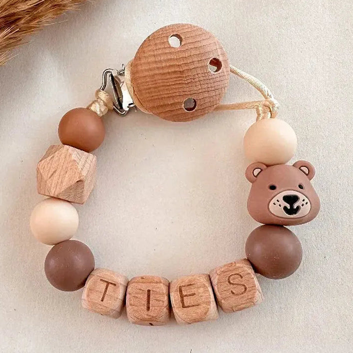 Speenkoord met naam beer bruin wit hout