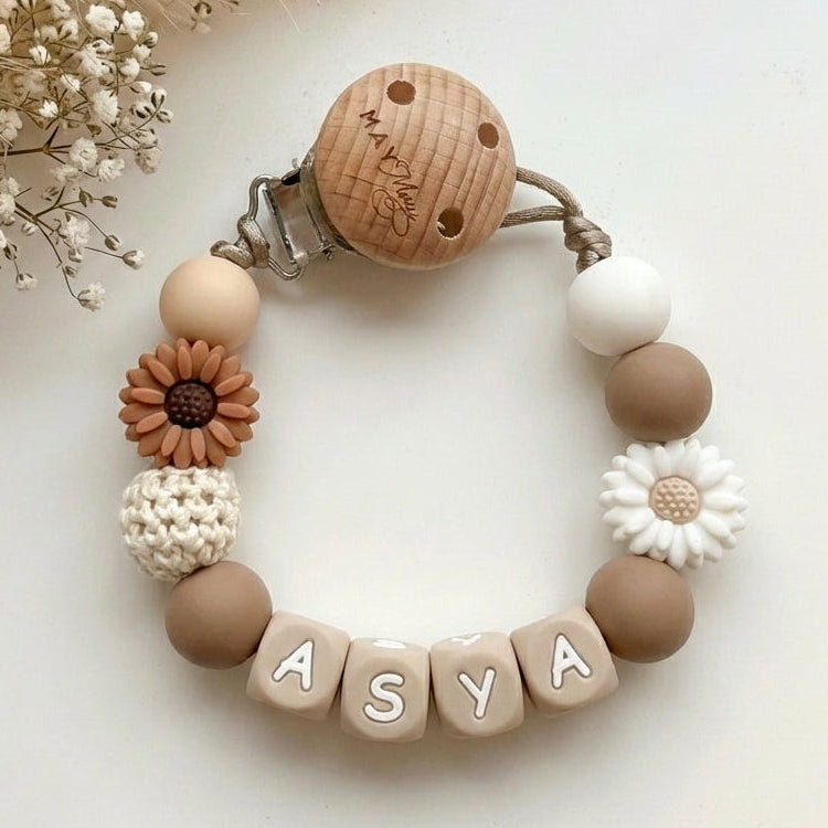 Speenkoord met naam bloem bruin wit