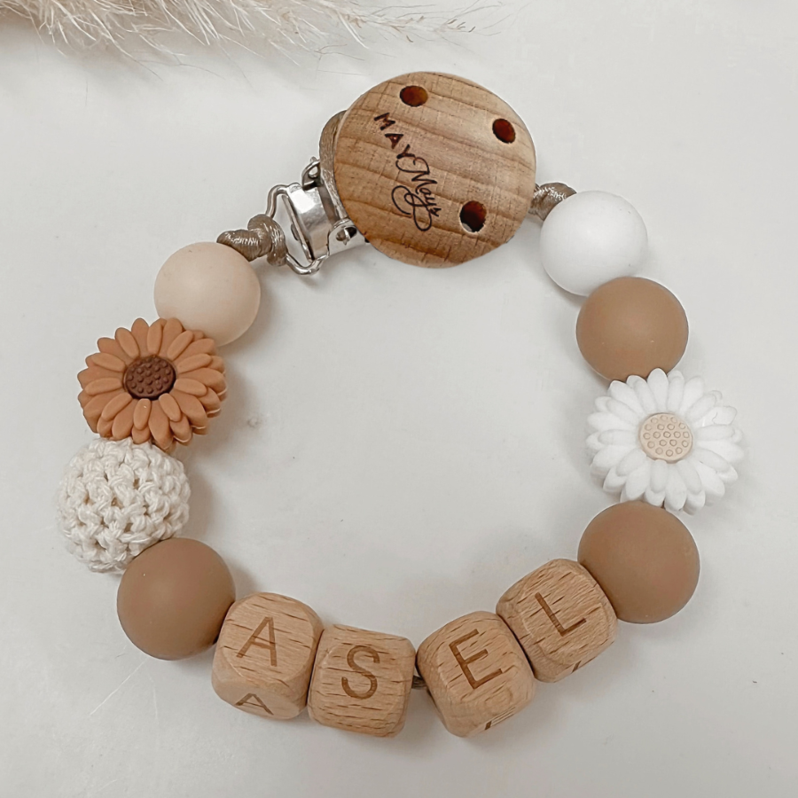 Speenkoord met naam bloem bruin wit