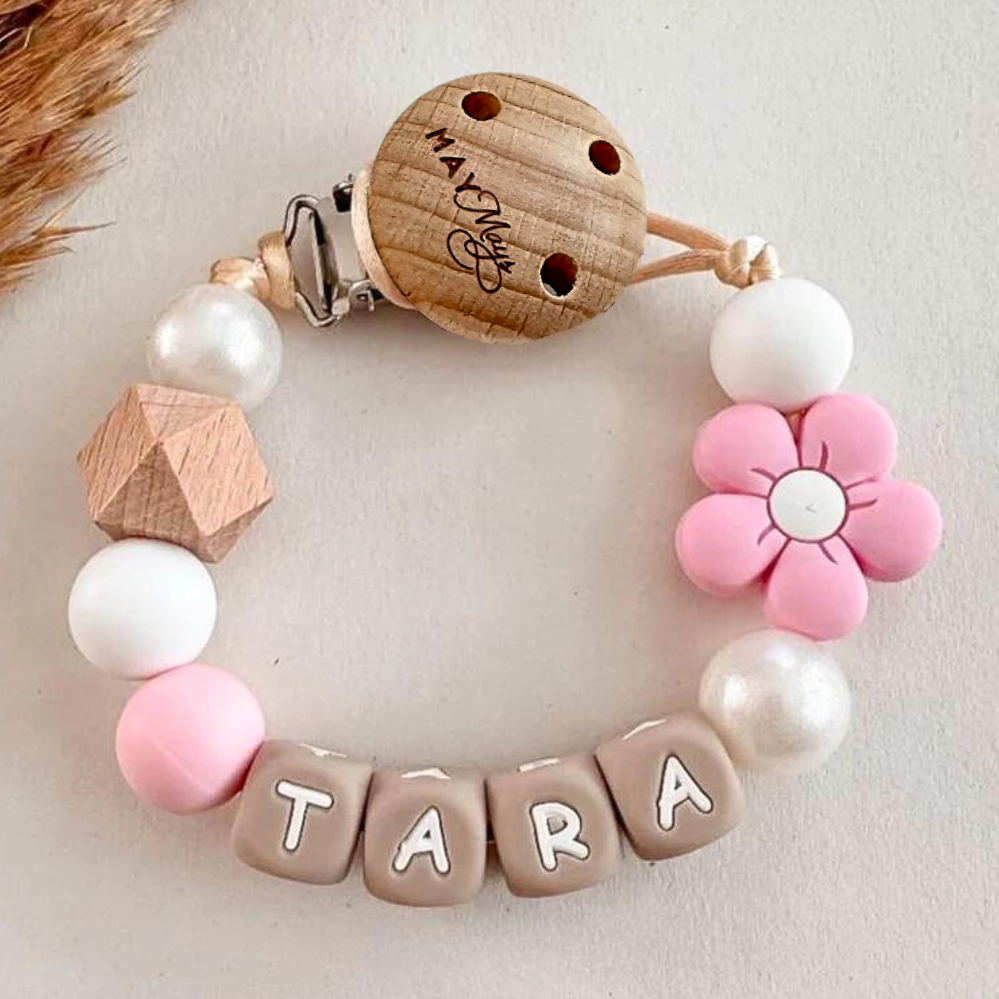 Speenkoord met naam bloem roze parel