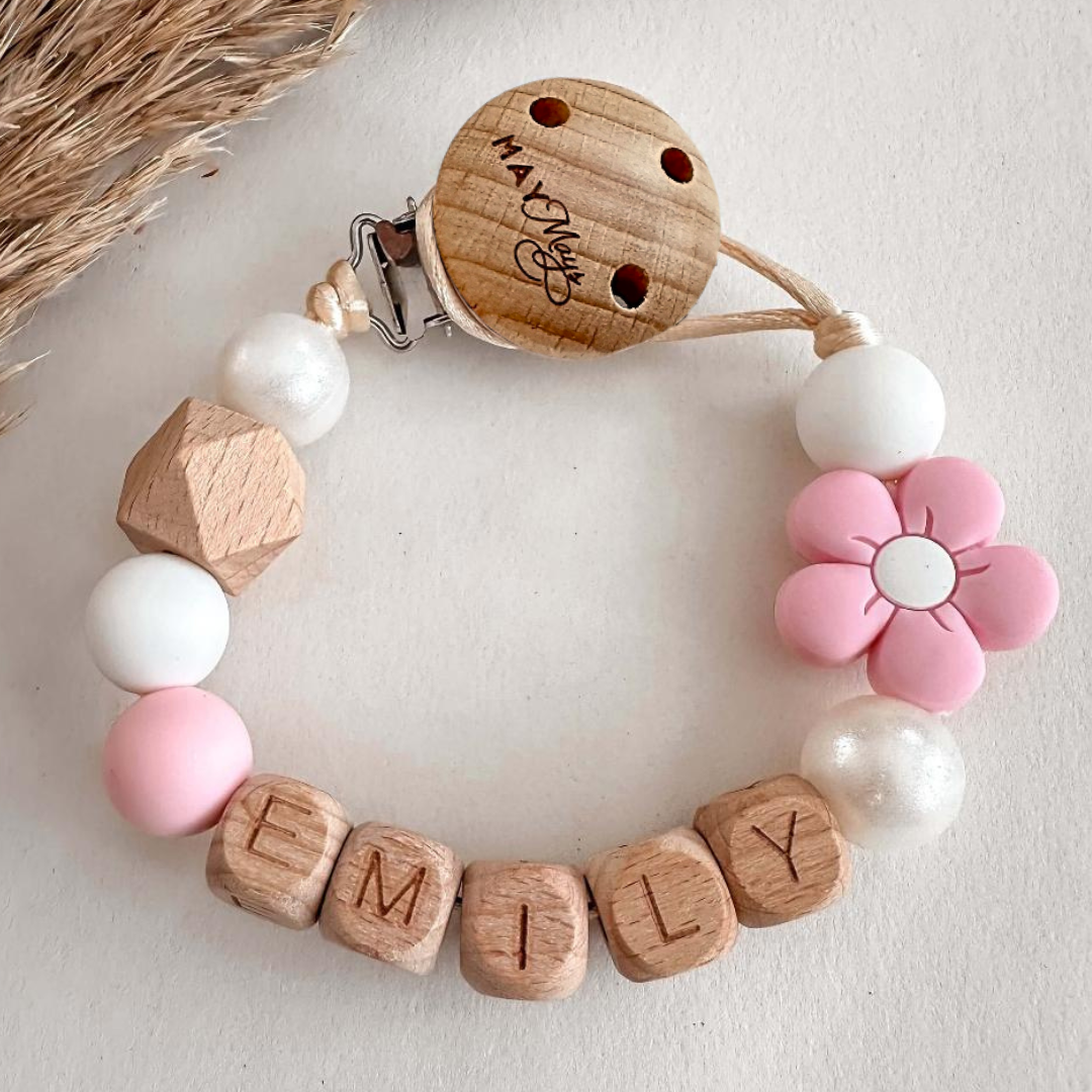 Speenkoord met naam bloem roze parel hout