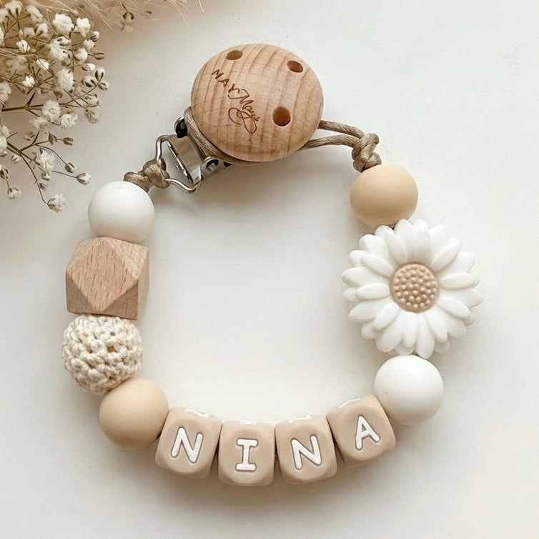 Speenkoord met naam bloem wit naturel