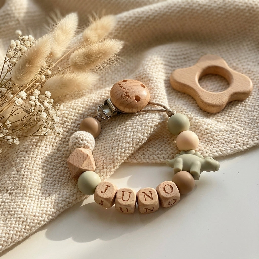 Speenkoord met naam dinosaurus groen bruin