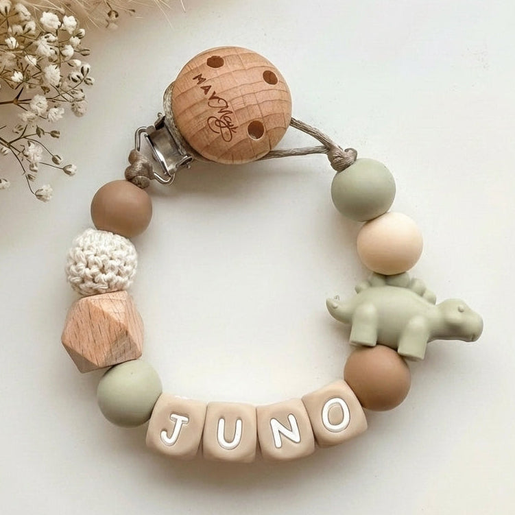 Speenkoord met naam dinosaurus groen bruin