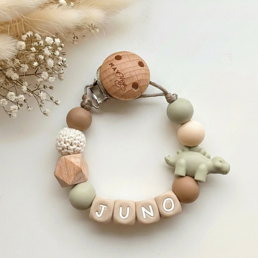 Speenkoord met naam dinosaurus groen bruin