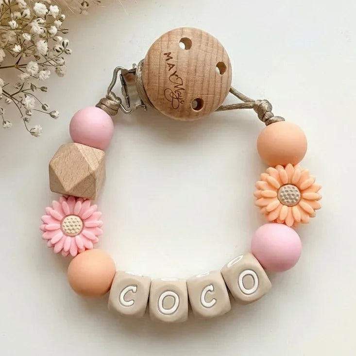 Speenkoord met naam peach en roze bloem
