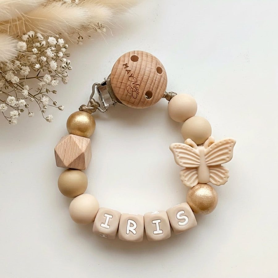 Speenkoord met naam vlinder goud naturel