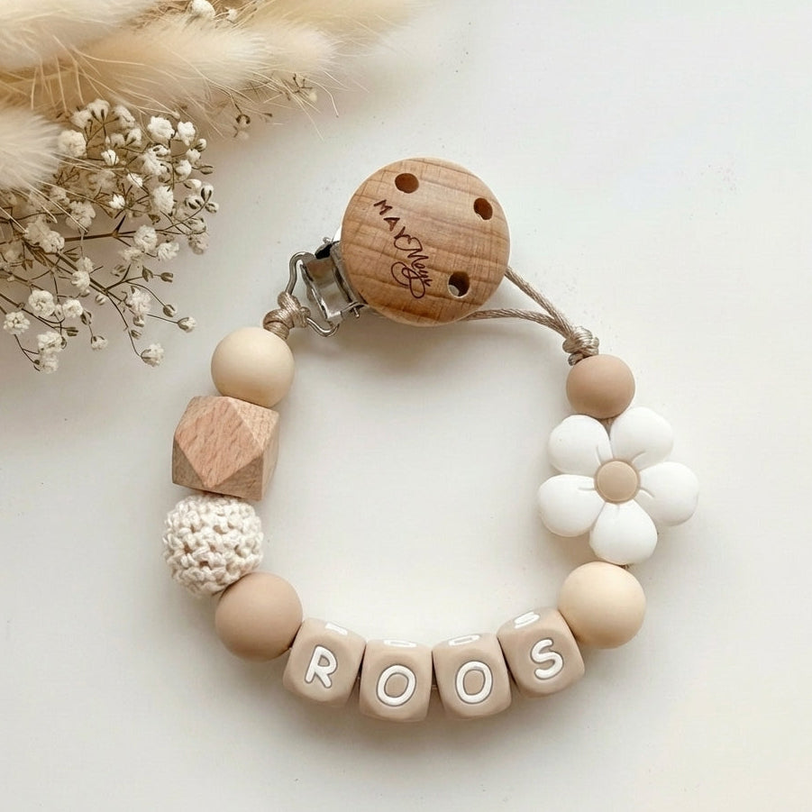 Speenkoord met naam wit bloem