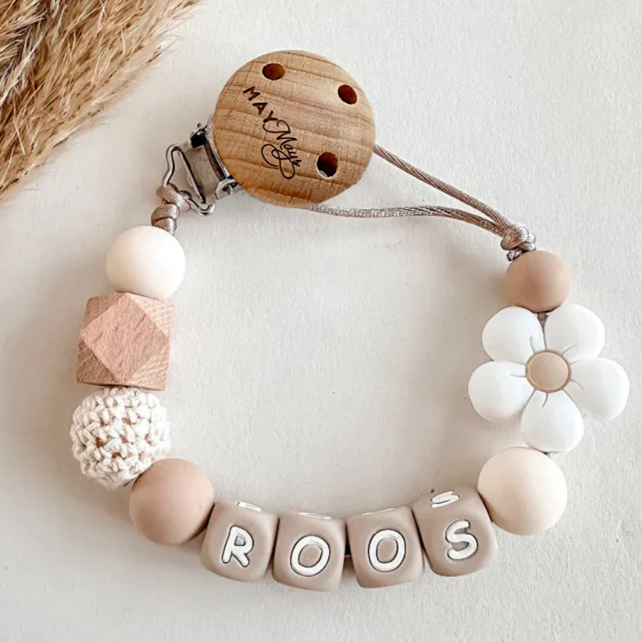 Speenkoord met naam wit bloem