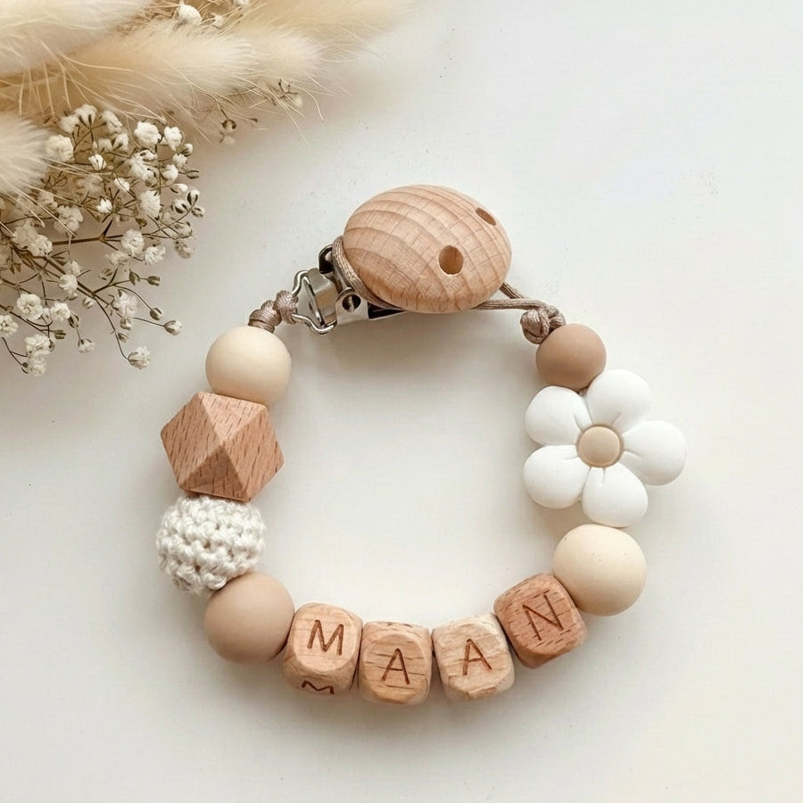 Speenkoord met naam wit bloem hout
