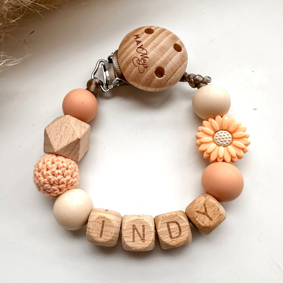 Speenkoord met naam zalm beige bloemetje