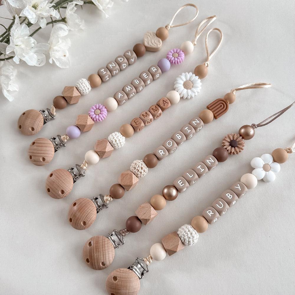 Speenkoord met naam – Witte Bloem Naturel - MiniDulce