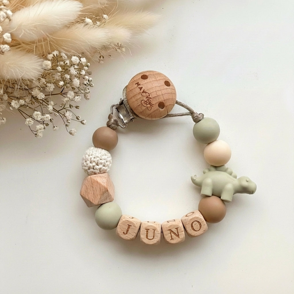 Speenkoord met naam dinosaurus groen bruin