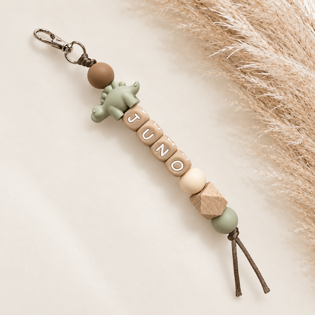 Sleutelhanger met naam dino groen bruin