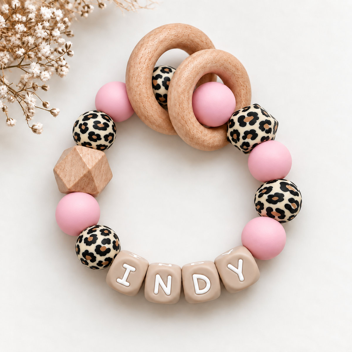 Beißring mit Namen Panther rosa