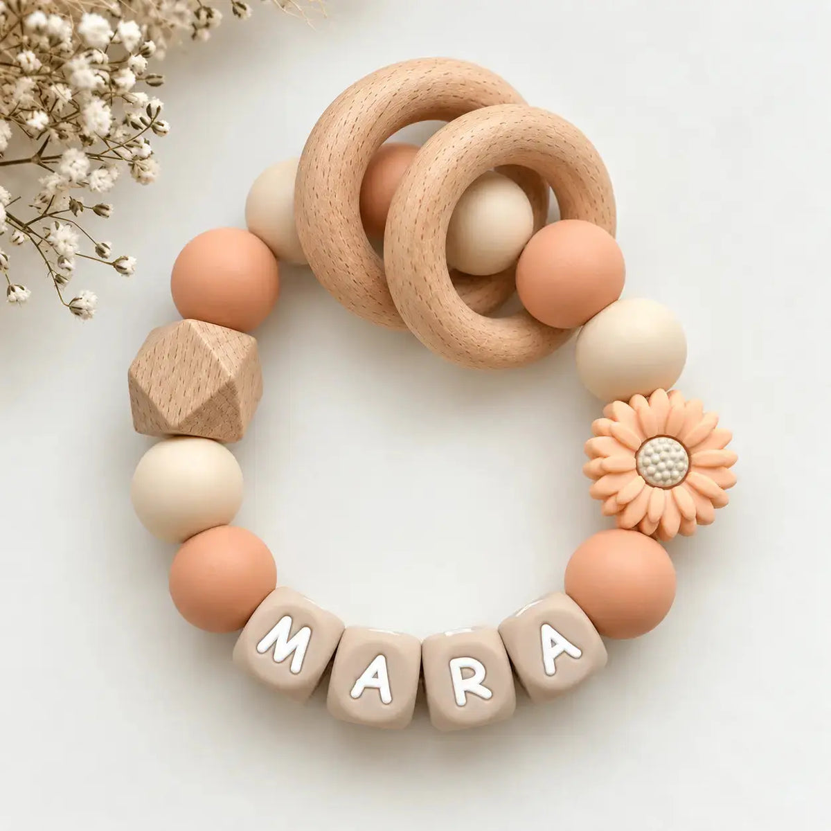 Pacifier Clip with Name Salmon Beige Flower Wood
