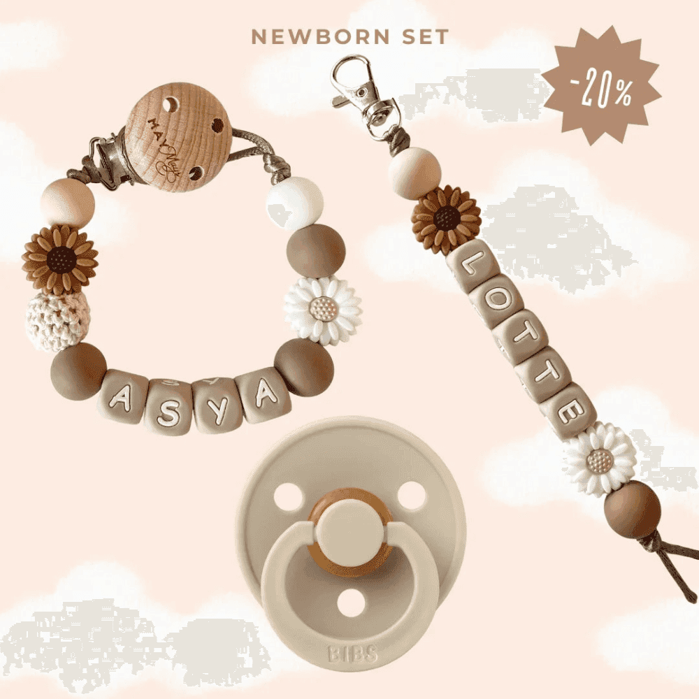 Newborn Cadeauset met Naam – Bloem Bruin Wit - May Mays