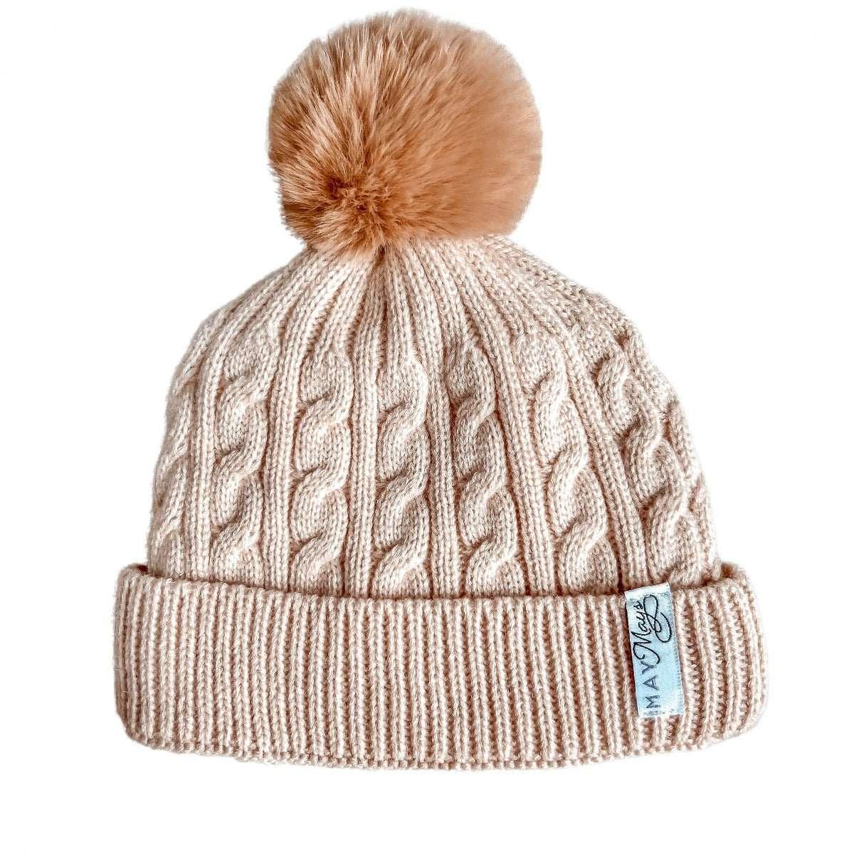 Wintermutje gebreid 1 pompom beige 0-2 jaar MiniDulce