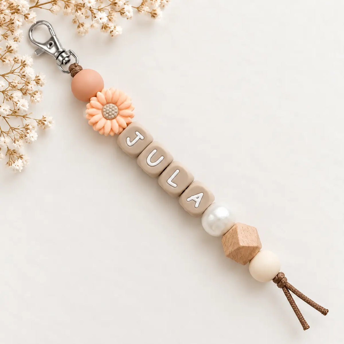 Keychain with name, salmon flower pearl