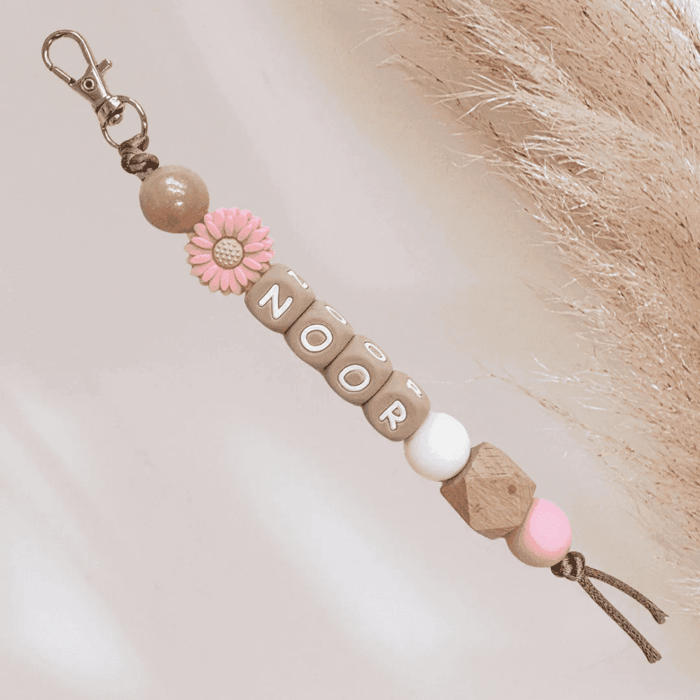Sleutelhanger met naam goud roze bloem - May Mays