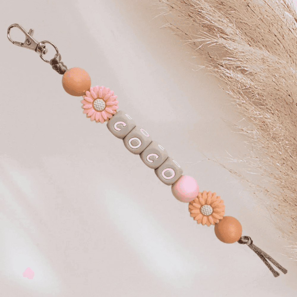 Sleutelhanger met naam peach en roze bloem - May Mays