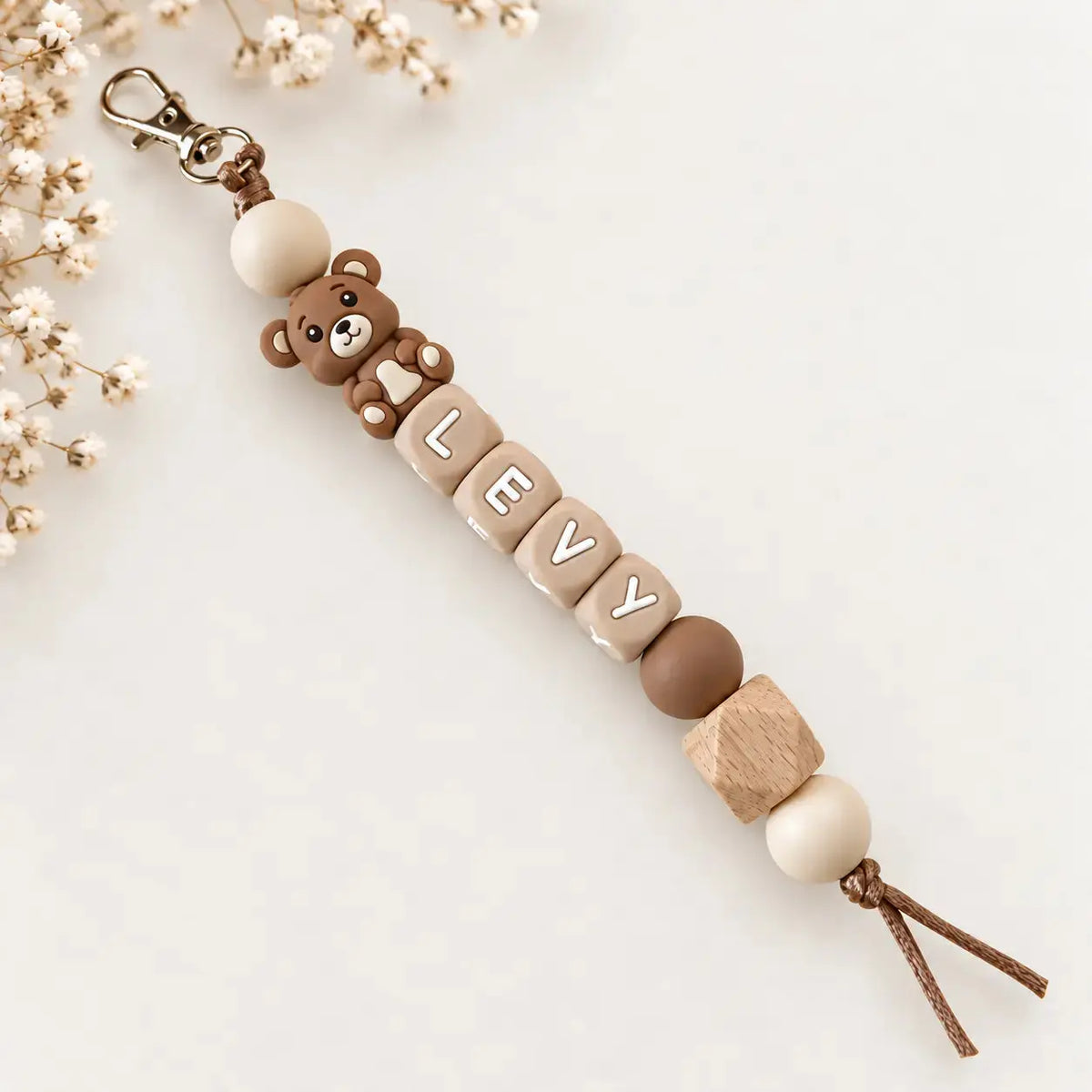 Pacifier clip with name bear natural wood