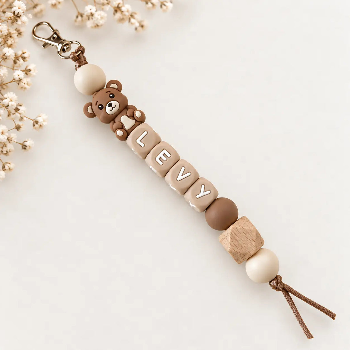 Pacifier clip with name bear natural