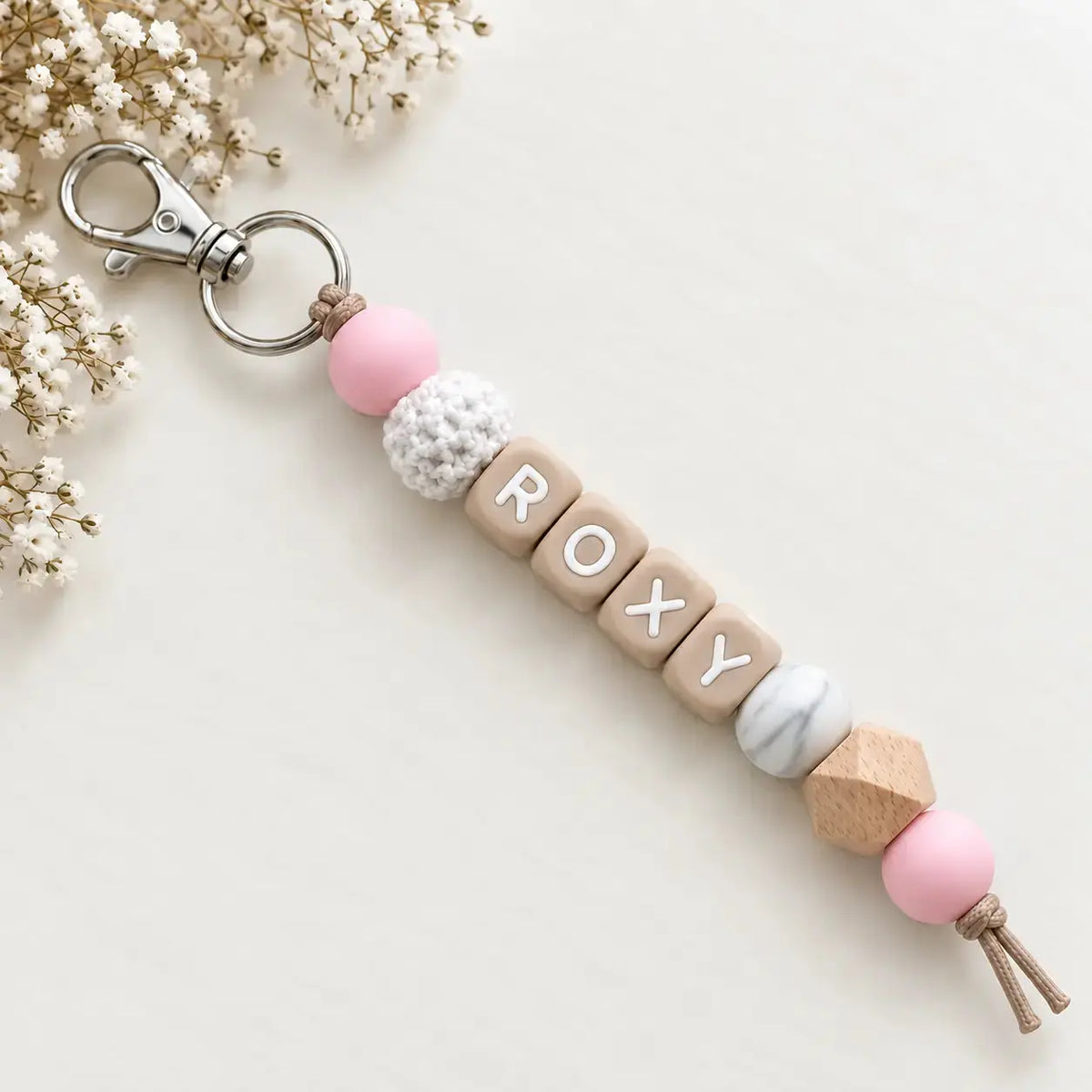 Sleutelhanger met naam marmer roze