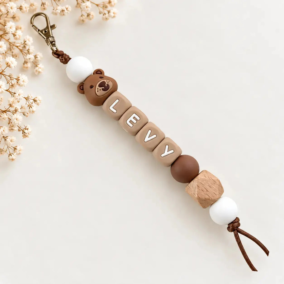 Sleutelhanger met naam beer bruin wit